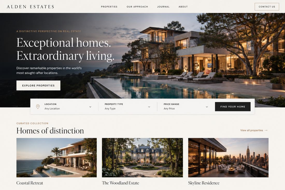 Homepage design concept for Alden Estates real estate